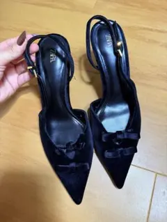ZARA ベロア調 リボン パンプス ブラック