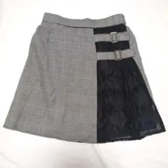 チェック柄レース　サイドベルト　ミニスカート　スカパン　M　ブラック　グレー