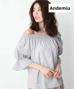 Andemiuアンデミュウ オフショル綿100ブラウス パフ袖グレーのサムネイル