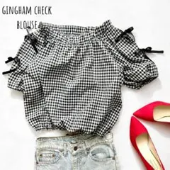 【オフショル×ギンガムチェック】 リボン袖ブラウス｜夏 肩見せ／ガーリーコーデ