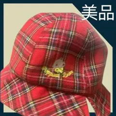 キッズ帽子 赤チェック くまワンポイント 秋冬 美品 44cm