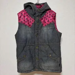 ブルームーンブルー　フード付きデニム風ダウンベスト　アウター　キルティング　M