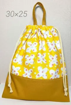 30×25cm 給食袋 イエロー花柄切り替えブラウン 女の子 入園入学準備