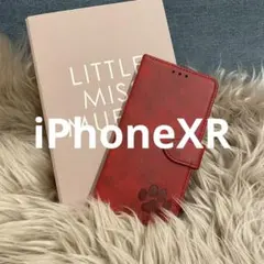 iPhoneXR 手帳型ケース　レザー　赤　肉球　犬　猫　足あと　シンプル