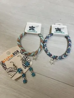 手編みブレスレットとイヤリングセット　ハワイ