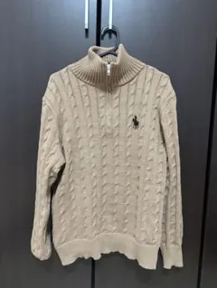 大きいサイズポロ ケーブルニット ハイネック セーター ベージュ