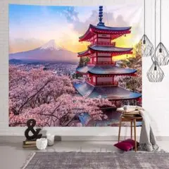 タペストリー金具付【59】五重塔　富士山　桜　絶景　新倉山浅間公園　和風