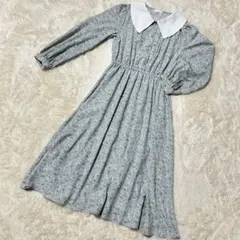 花柄　水色　襟付き　ワンピース 長袖　Mサイズ　レトロ