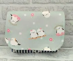 ★移動ポケット★　ハンドメイド　シマエナガ　花　渋グリーン　紺ストライプ