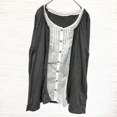 大きいサイズ/重ね着風チュニック/フェイクレイヤード/グレー/白/LL/七分袖