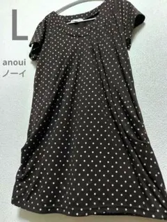anoui ノーイ 【Ｌ】 水玉 ドット柄 Ｖネック Ｔシャツ 茶 ブラウン 白
