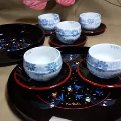 ピエールカルダンプリム盆付茶菓セットと有田焼湯呑み5客