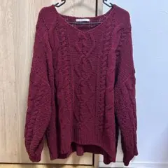 バーガンディ ケーブルニット 長袖セーター