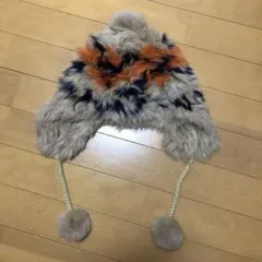 LDS ラビットファー100%　帽子　ニット　ポンポン付き