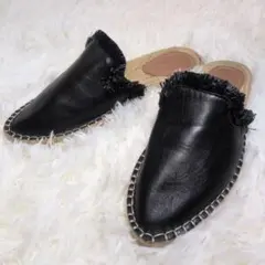 ZARA WOMAN ザラ レザー フラットサンダル フリンジ ブラック 38