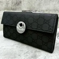 美品 グッチ GGキャンバス Wホック 長財布 折り財布 金具 型押し ブラック