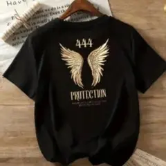 Tシャツ 黒 ブラック 半袖 エンジェルナンバー 翼 プリント 英字 ロゴ