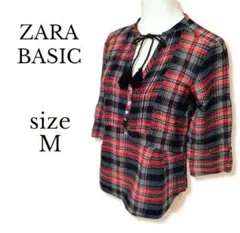 ZARA BASIC トップス チェック柄シャツ 襟紐 ギャザー ザラベーシック