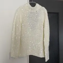 ZARAビーズ装飾アイボリー長袖ニットセーター