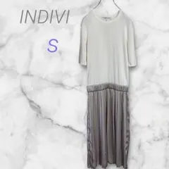 インディヴィ INDIVI 【S】半袖 ニットプリーツワンピース　ローウエスト