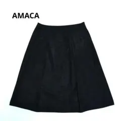 AMACA アマカ 膝丈タックフレアスカート ブラックネイビー 濃紺 36 Sのサムネイル
