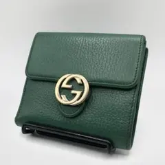 グッチ インターロッキングG グリーン 二つ折り財布 レザー