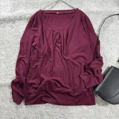 ニッセン　長袖カットソー　タック入　きれいめ　無地　LL 大きいサイズ　ボルドー