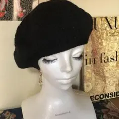 王道ブラック！人気のニットベレー帽 25aw41手編み ハンドメイド 黒