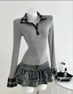 グレー長袖Tシャツ チェック襟付き