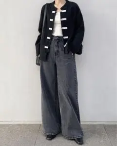 チャイナボタン ジャケット ブラック M ノーカラー 羽織り モード 韓国系