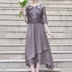 GIRL 刺繍レース切替え パーティードレス 結婚式 グレージュ