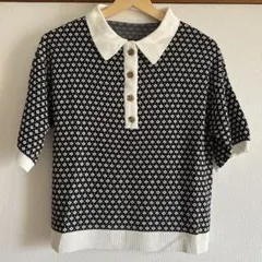 【美品】クラシカルエルフ_衿付きジャガードニットポロシャツ_ブラック