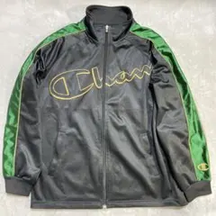 Champion トラックジャケット 刺繍ロゴ 黒×グリーン ジャージ L
