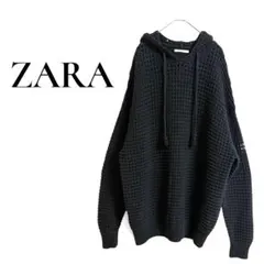 ZARA メッシュ編み フード付き パーカー L ブラック 黒