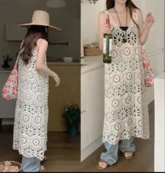 韓国風〜ひざ丈花柄レースワンピース ノースリーブ 女子会にぴったり