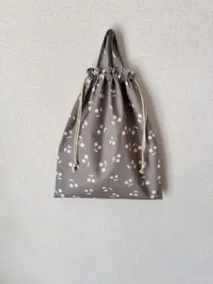 35.5×30 さくらんぼ くすみグレー 体操着袋 お着替え袋 巾着袋