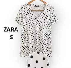 ZARA ドット柄 Vネック Tシャツ カットソー　 ホワイト Sのサムネイル