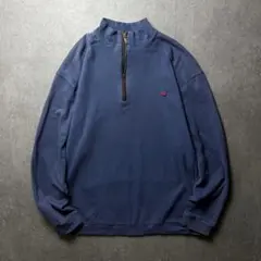 アメリカ古着　ハーフジップ　ワンポイント刺繍　アニマル　白鳥　ネイビー　L