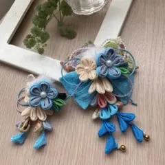 オーダー　青とアイボリーの髪飾り