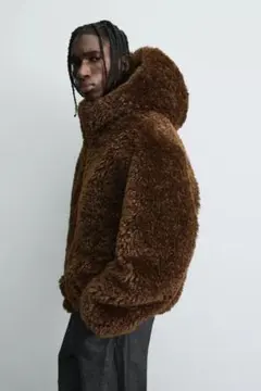 ZARA　フェイクファーフード付きジャケット　L-XL ブラウン