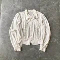 90s vintage 長袖ブラウス　ホワイト　リボン　ビジュー 昭和レトロ