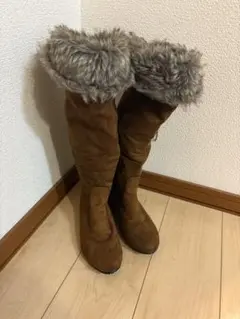 【即購入可】ブラウン スエード ファー付きロングブーツLL 24時間以内配送