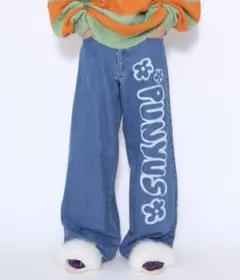 PUNYUS デニムパンツ ワイドシルエット 花柄ロゴ サイズ3のサムネイル