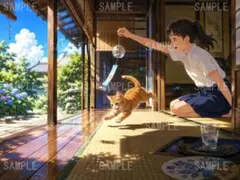 風鈴と茶トラ猫 夏の縁側の幻想的なイラスト c67