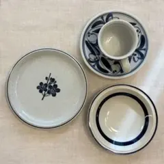 【レトロ食器4点セット】 中皿 サラダボウル カップ&ソーサー ブルー系