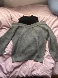 オフショルダー グレー ニット セーター 長袖