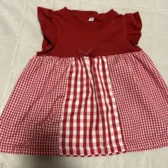 赤チェック柄　フリル袖ドレス 90センチ