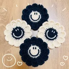 デニムデイジーニコちゃん 花 ドイリー アクリルたわし コースター 4枚セット