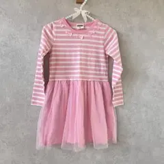 チュールワンピース　ボーダー　ピンク　リボン　120