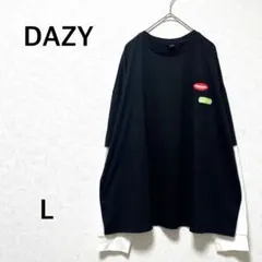 DAZY Tシャツ　長袖　重ね着風　ブラック　ワンポイント　無地　カジュアル　L